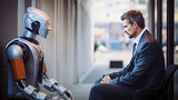 Man and AI robot waiting for a job interview: AI vs human competition