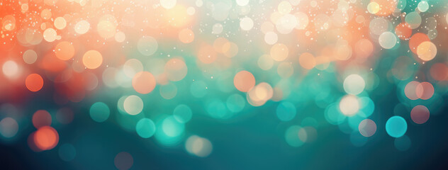 Wall Mural - Abstract blur bokeh banner background. Silver bokeh on defocused teal green and coral colors background