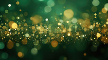 Abstract Blur Bokeh Banner Background. Gold Bokeh On Defocused Emerald Green Background