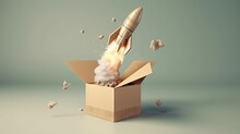  A Rocket Is Flying Out Of A Cardboard Box On A Gray Background.  Generative Ai