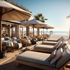 Wall Mural - Beach Side Luxurious Sunbeds and Cabanas Overlooking the Horizon in a Sunny and Hot day of Summer.