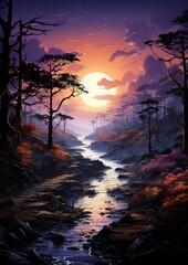 Wall Mural - A Portrait of a Forest next to a little River Dark forest while the Sun is setting. An Orange and Pink Sky Covered by Clouds.