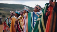 African Women Bantu Nation Basotho Tribe In Modern Handmade Traditional Colorful Blankets Are Dancing In The Village. Tribal Ritual Before The Lesotho King Birthday . 