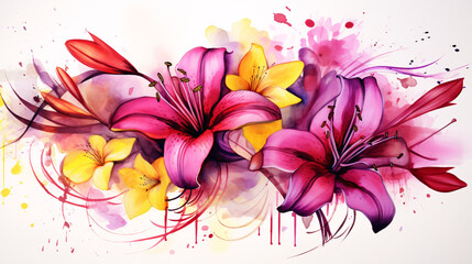 Wall Mural - Magenta And Yallow Flowers Elegance Realistic Watercolor with Ink and Pencil Accents.