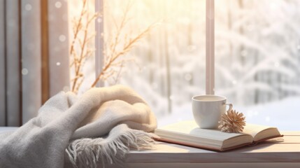 Wall Mural - A cup of coffee and book on a window sill, AI