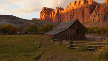 Old Barn During Sunset At Capitol Reef National Park In Utah, USA