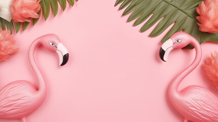  two pink flamingos standing on a pink background with palm leaves.  generative ai