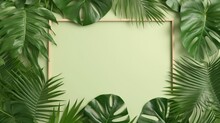  A Square Frame Surrounded By Tropical Leaves On A Green Background.  Generative Ai