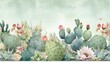  a watercolor painting of a cactus with flowers on a green background.  generative ai