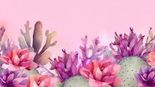  A Watercolor Painting Of A Cactus And Flowers On A Pink Background.  Generative Ai
