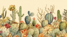  A Painting Of A Desert Scene With Cacti And Flowers.  Generative Ai