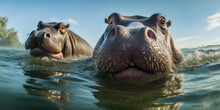Close-up Of Hippopotamus's Face Just Above Waterline