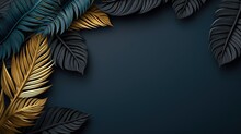  A Dark Background With Gold And Green Leaves On It, And A Black Background With Gold Leaves On It.  Generative Ai