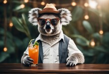 Funny Koala Wearing Summer Straw Hat And Stylish Sunglasses Holding Glasses With Cocktail Drinks