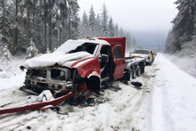 Crashed Pickup Truck On The Road In Snow