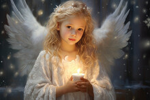 Soft Focus On Curly-haired Girl, Ethereal Wings Reflect Starry Night. Celestial Wardens.