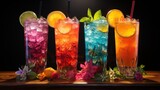 Fototapeta Boho -  a group of three tall glasses filled with different colored drinks.  generative ai