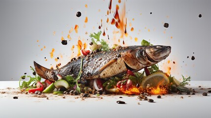  a fish is on top of a pile of vegetables and spices.  generative ai