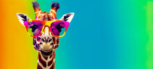Fantasy Giraffe Wearing Glasses With Multicolored Style.funny Wildlife In Surreal Surrealism Art.creativity. And Inspiration Background.