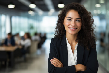 Portrait of smiling young woman at work in the office with colleagues on background.