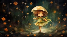 A Painting Of A Little Girl Holding An Umbrella In The Rain.  Generative Ai