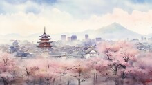  A Watercolor Painting Of A City With A Pagoda In The Background.  Generative Ai