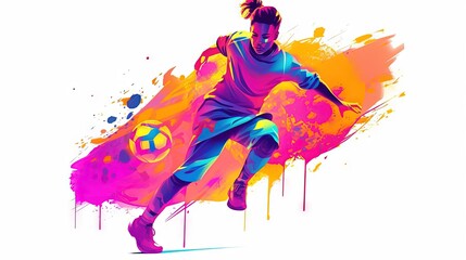  a woman kicking a soccer ball with a splash of paint on her face and body in the air, in front of a white background.  generative ai