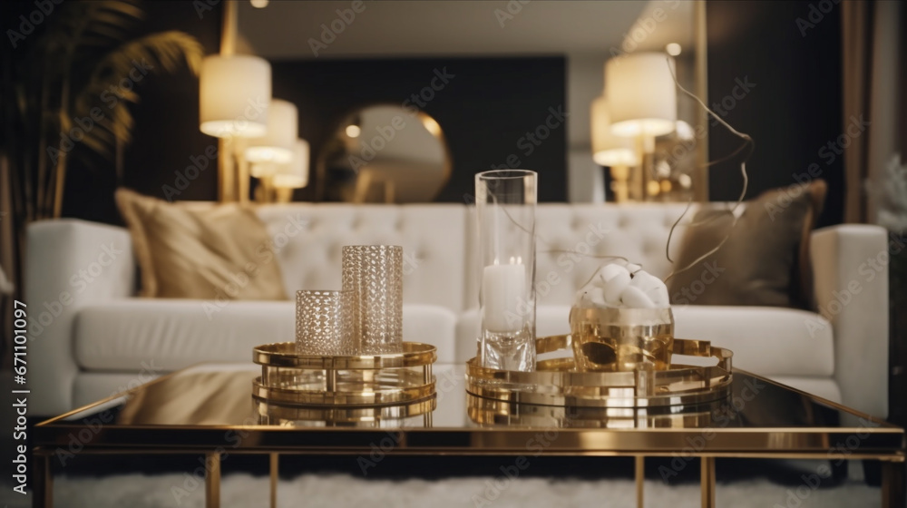 Home interior design with gold accents. Highlighting the luxury style ...