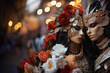 Couple in Venetian carnival costumes with intricate embroidery standing on a street among flowers. Venice carnival inspired costumes.