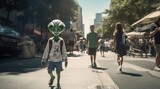 A monstrous alien walks the city streets in a bizarre garment, its ufo hovering above as people stare in fear and a lone girl in jeans crosses the sidewalk, her footwear clicking against the pavement