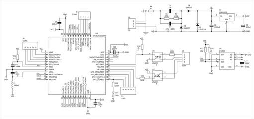 Schematic diagram of electronic device.
Vector technical drawing electrical circuit with led, integrated circuit,
capacitor, resistor, optocoupler, microcontroller chip
and other electronic components