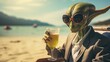 A humanoid creature in a sleek suit, sporting yellow sunglasses and sipping on a drink, gazes up at the sky with a mix of wonder and fear as a ufo hovers over the tranquil beach, its extraterrestrial
