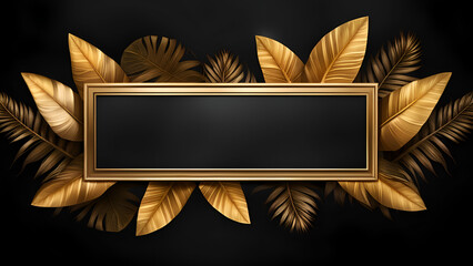 Wall Mural - Luxury golden frame with golden tropical leaves.