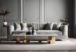 Gray fabric sofa and marble stone coffee table Hollywood regency style interior design