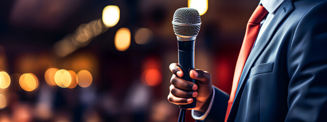 An African-American man with a microphone in his hand giving a lecture.