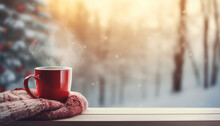 Red Cup Of Coffee Wrapped In Wool Scarf On Wooden Table Against Winter Forest Background With Blurred Christmas Tree.