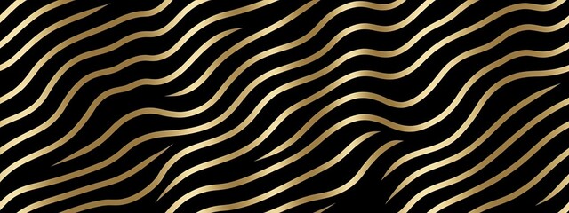 Wall Mural - Seamless abstract luxury gold wavy optical illusion stripes, black pattern. Trendy vintage art deco gold foil lines for graphics, poster, cards background