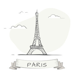 Wall Mural - Paris city line style illustration. Famous Eiffel tower in Paris, France. Architecture city symbol of France. Outline building vector illustration. Sky clouds on background. Travel and tourism banner.