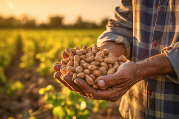 A farmer's hand cradling freshly harvested peanuts from a vibrant green field, showcasing the agricultural bounty of this nutritious nut.