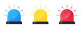 Fototapeta Zachód słońca - Round siren icon set. Blue, yellow and red cartoon sirens. Flashing emergency light symbol with scatter lined rays. Sign for alarm or emergency cases. Vector illustration