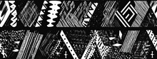 Seamless Abstract Geometric Polygon Stripe Tribal Patchwork Pattern. Monochrome Bold Black White Diamond Geode Motif Background Texture, Trendy Painterly Doodle Line Style.