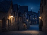 Fototapeta Uliczki - Ancient medieval city at night, generative AI
