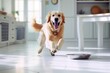 golden retriever dog running towards bowl with dog food in minimal kitchen at home. Pet store, vet clinic, snack poster ad.