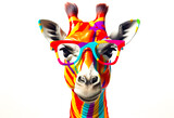 Fototapeta  - Fantasy giraffe wearing glasses with multicolored style.funny wildlife in surreal surrealism art.creativity. and inspiration background.