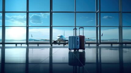 Airplane and luggage in the airport terminal.