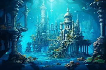 Fantasy underwater seascape with lost city, Fantasy sunken city under water