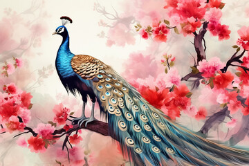 Wall Mural - Peacock on cherry blossom background. Watercolor painting