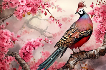 Wall Mural - Watercolor painting of exotic tropical bird on a branch of blooming sakura