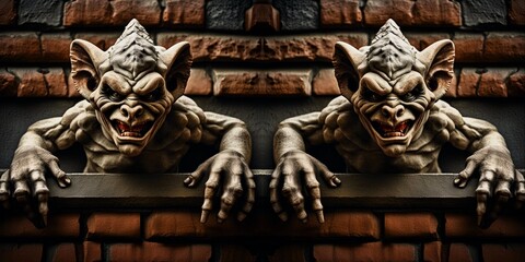 AI generated grotesque gargoyle twins hanging on a wall.