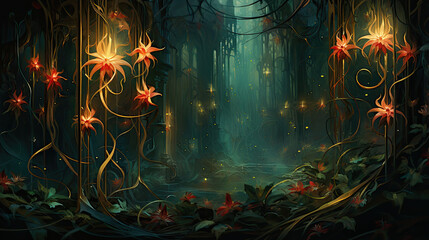 Wall Mural - Christmas trees,  beautiful lights and Christmas stars in the forest. 